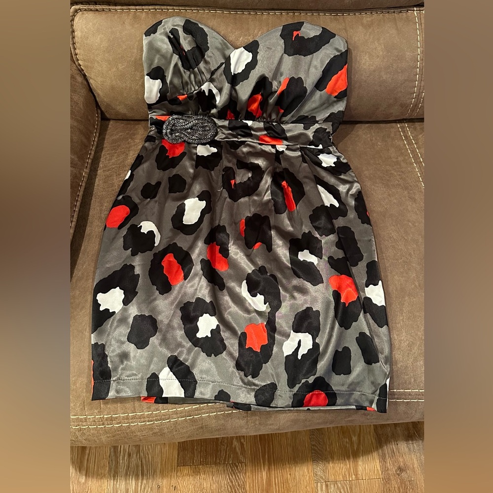 Silver and Red Leopard Print Strapless Dress L